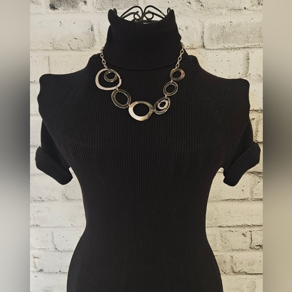 Silver Tone Geometric Open Circle Statement Necklace Modern Sculptural